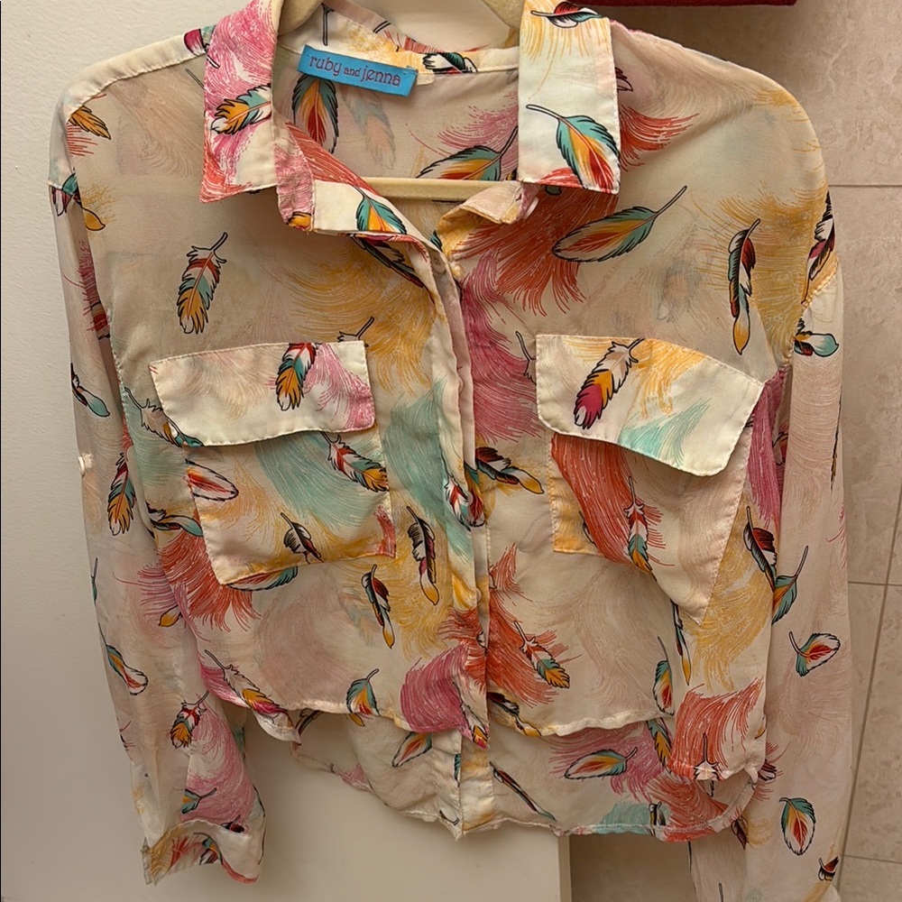 Colorful Feather Print Blouse